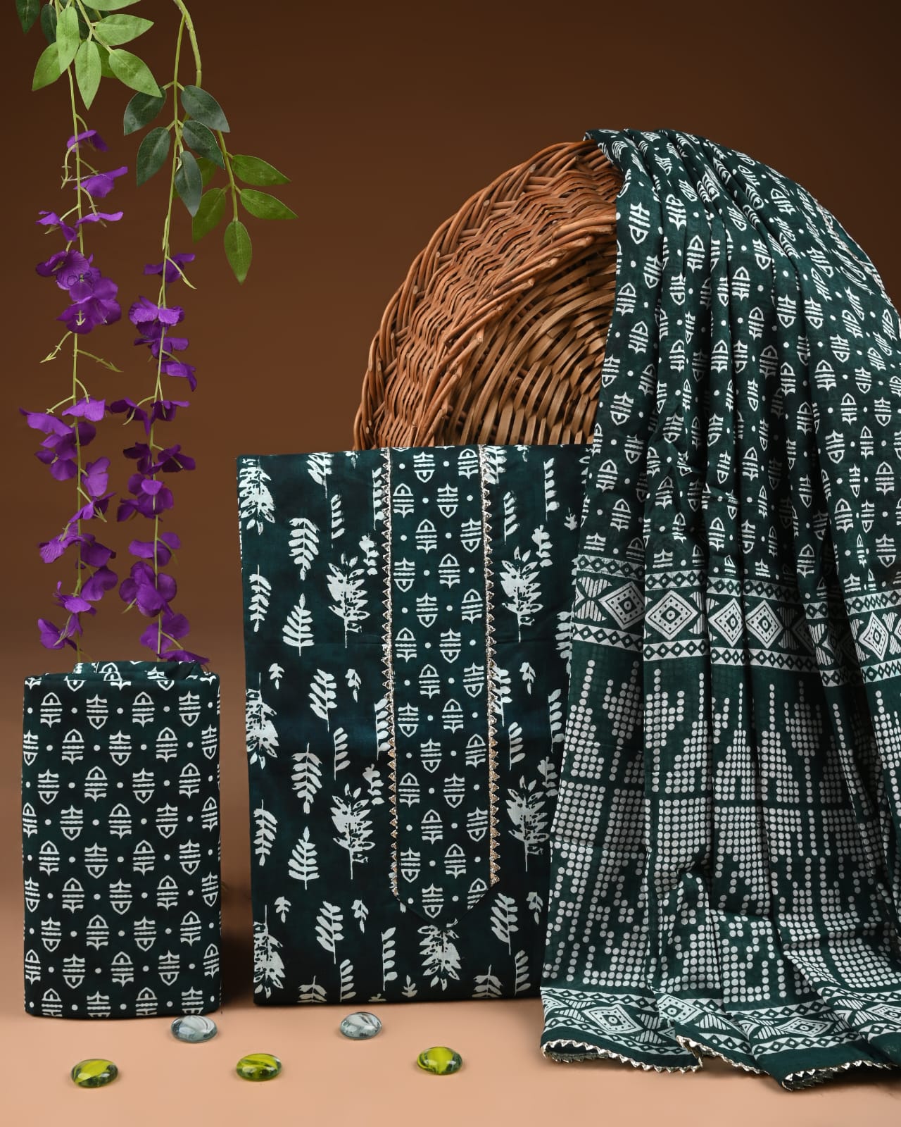 Dark Green Cotton Suit Set With Gota Work