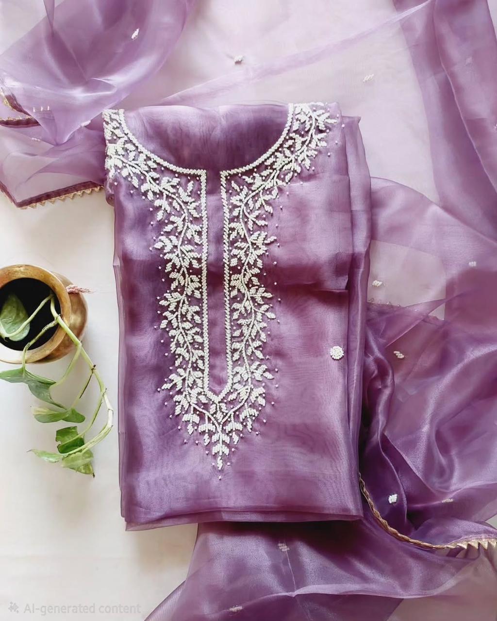 Purple Organza Suit With Heavy Pearl Neck Work