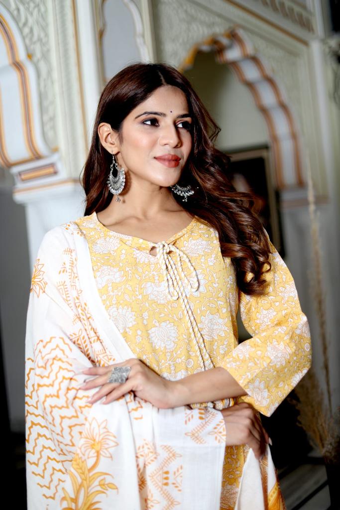 Yellow Block Print Suit Set With Dupatta