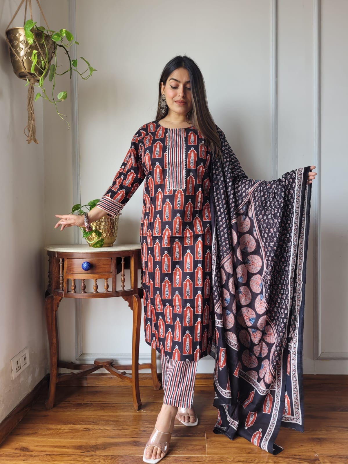 Summer Black Block Print Suit Set And Dupatta