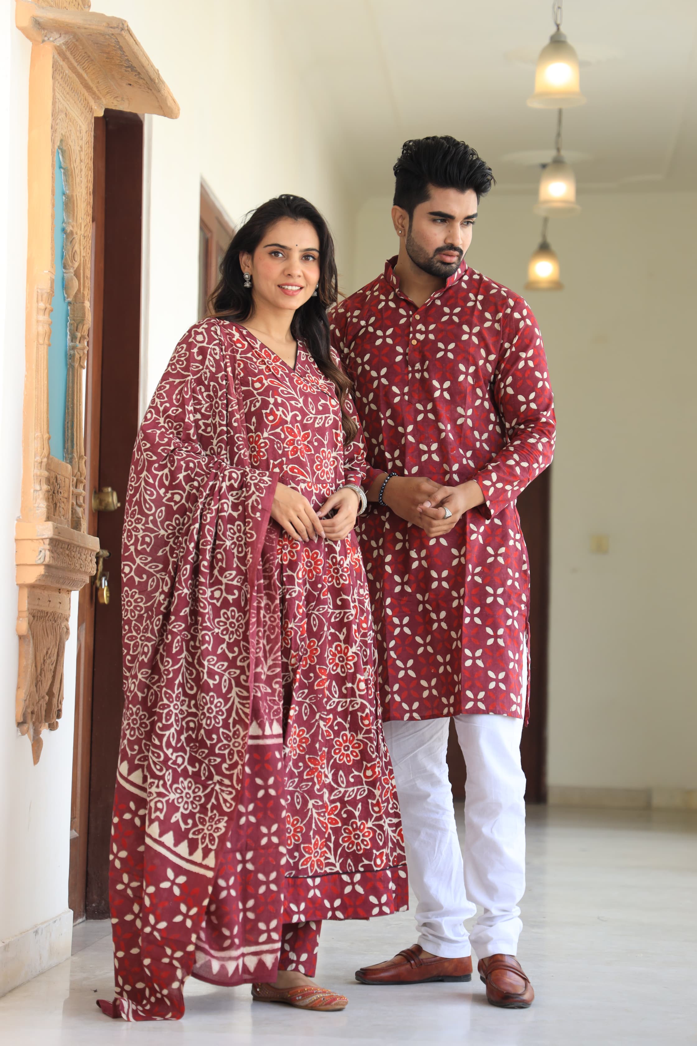 Maroon Bagru Block Printed Pure Cotton Twinning Couple Set