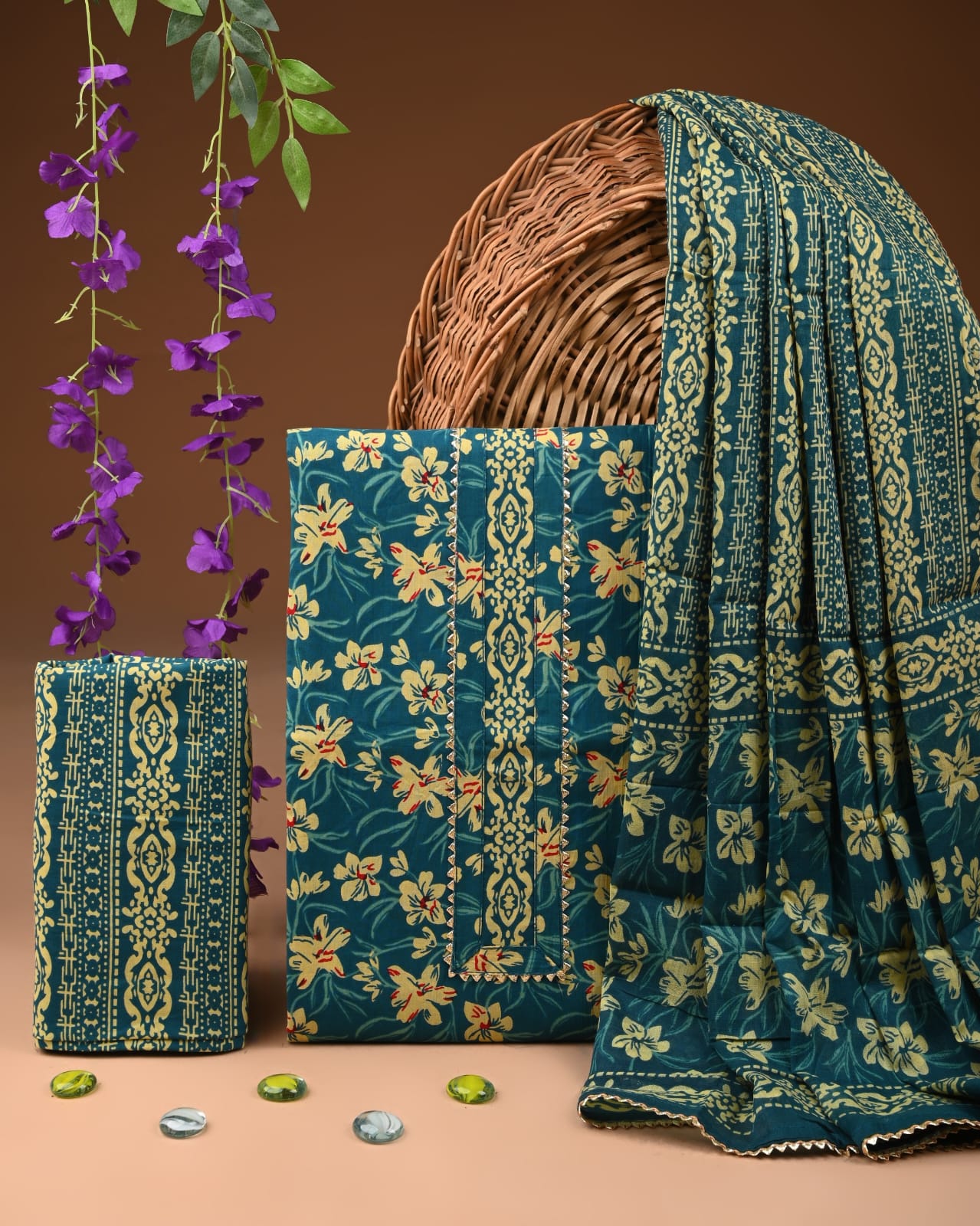 Teal Green Cotton Suit Set With Gota Work