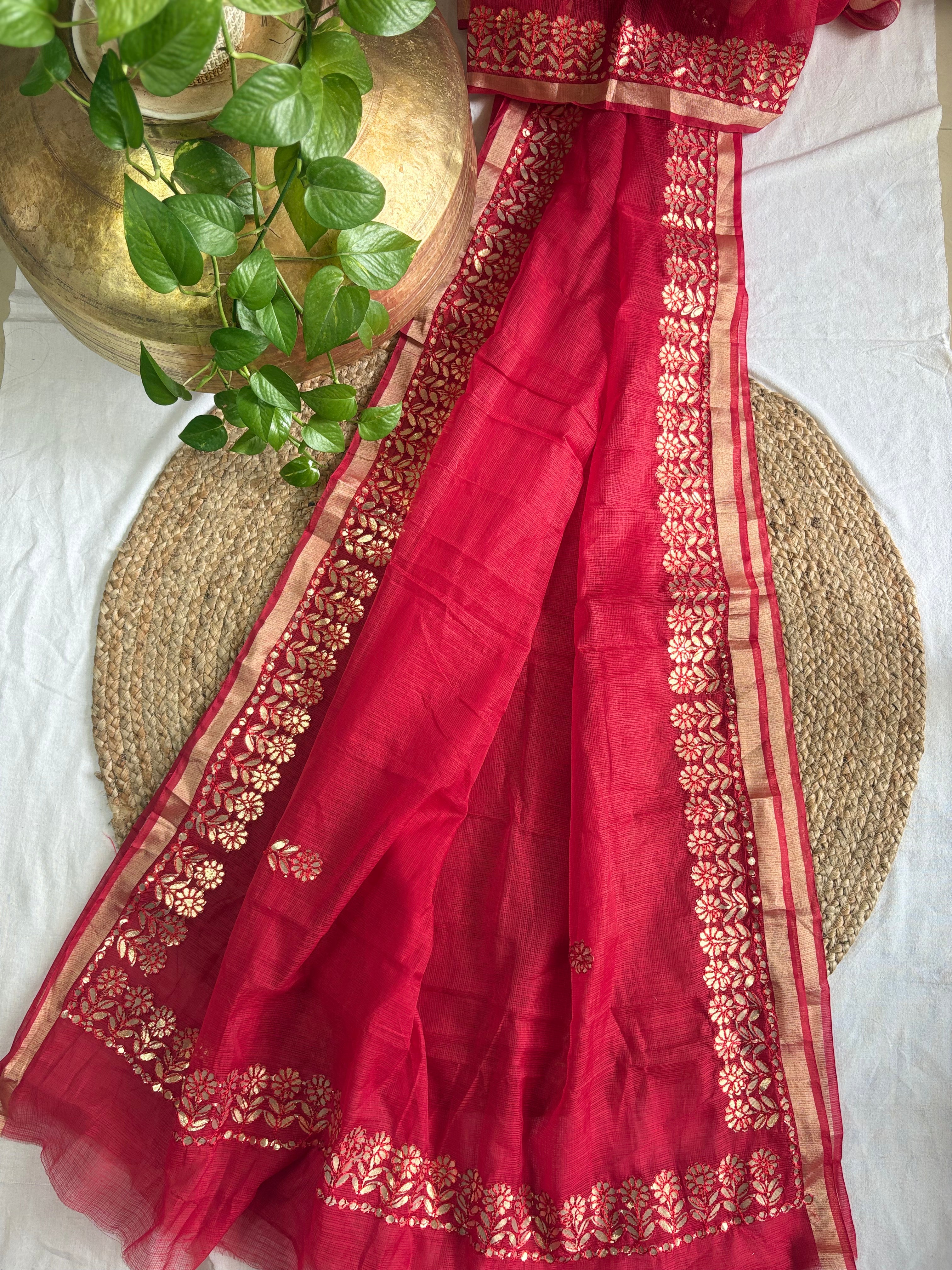 Red Kota Doria Gota Patti Saree