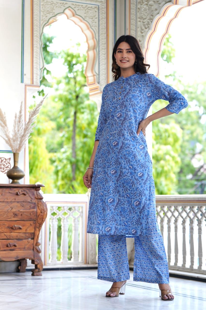 Cotton Straight Kurta Plazzo Set in Blue