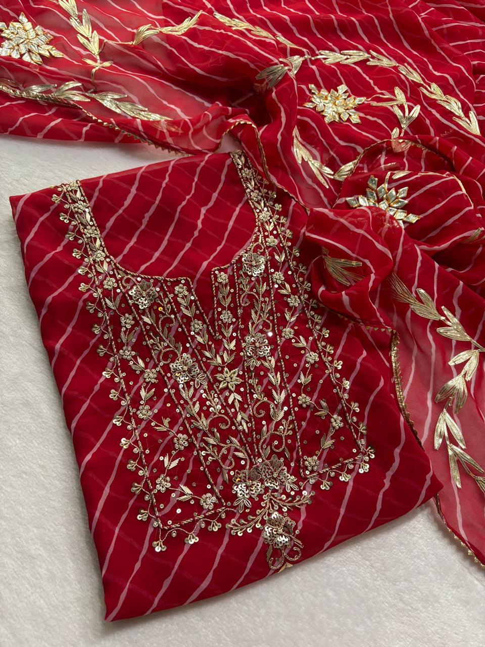 Beautiful Red Color Leheriya Gota Patti Work Suit