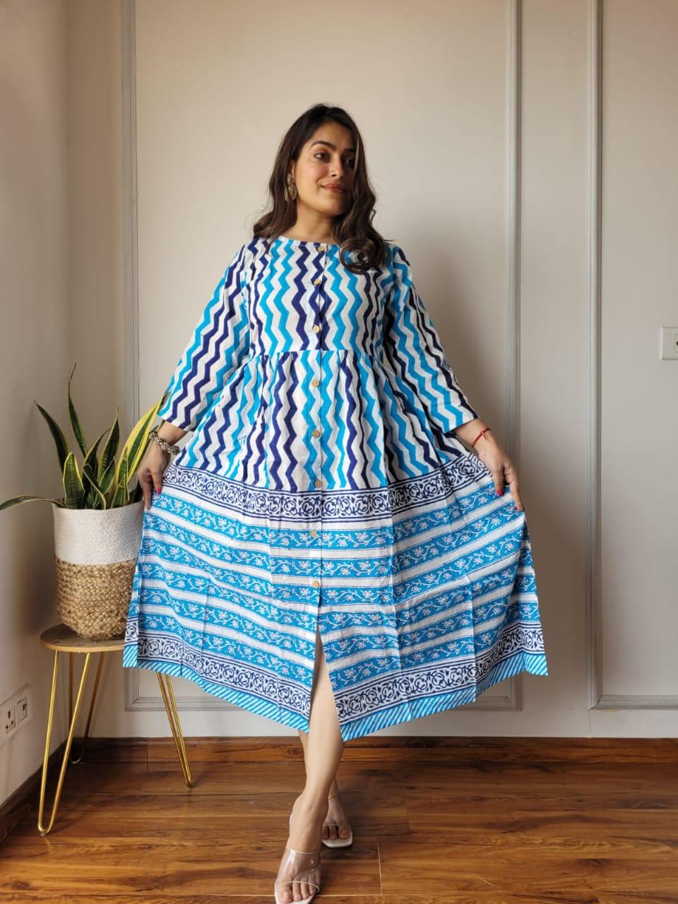 Blue Leheriya Cotton Dress