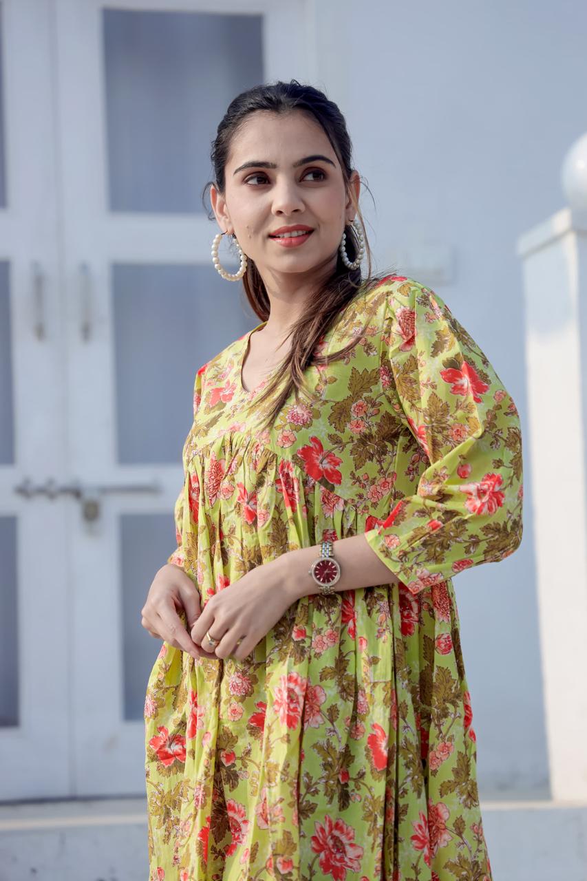 Floral yellow printed dress in cotton