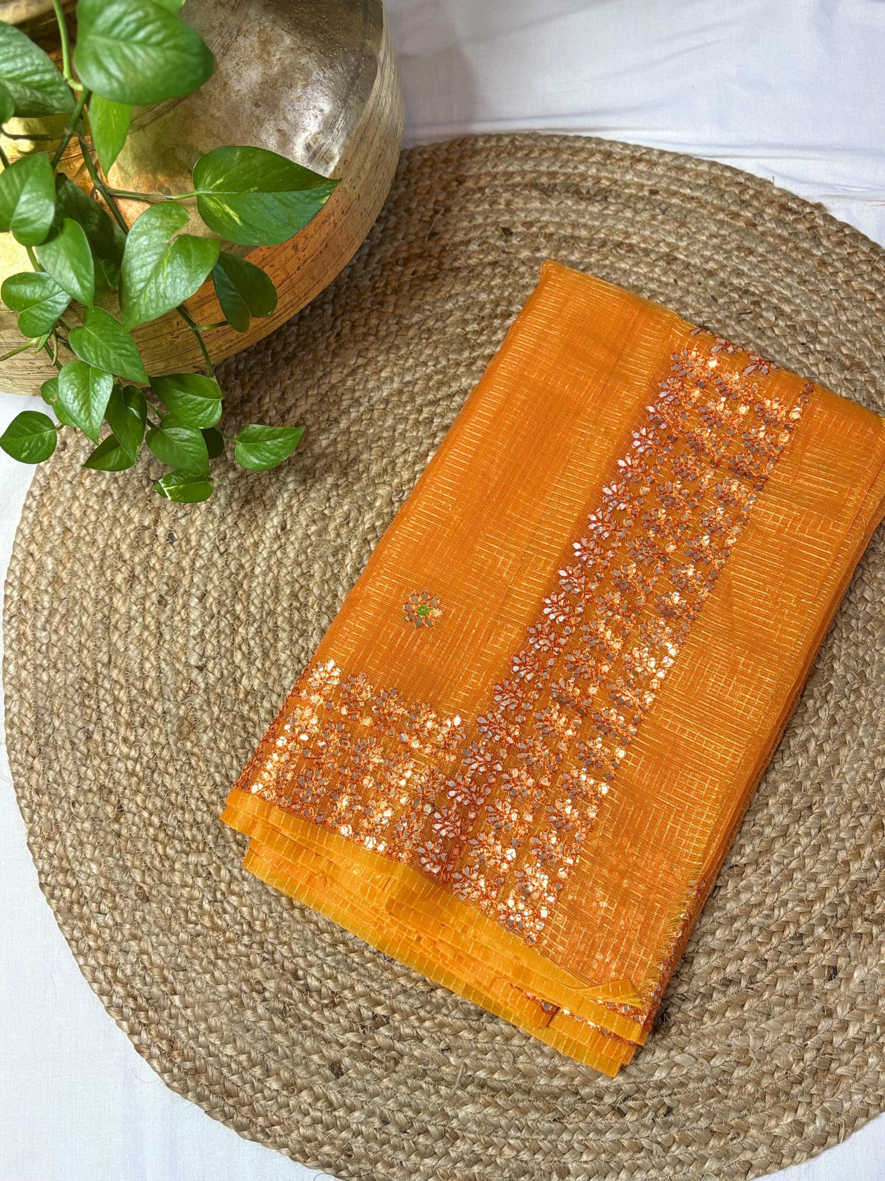 Mustard Yellow Kota Doria Gota Patti Saree