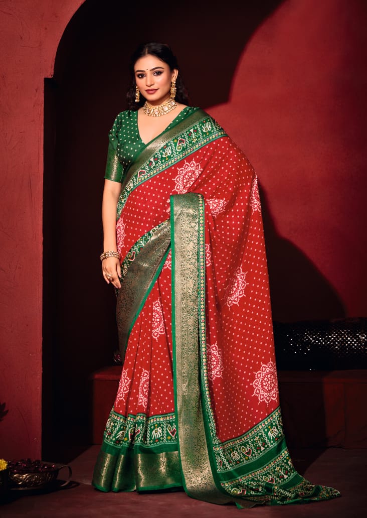 Red & Green Pashmina Silk Patola Print Saree