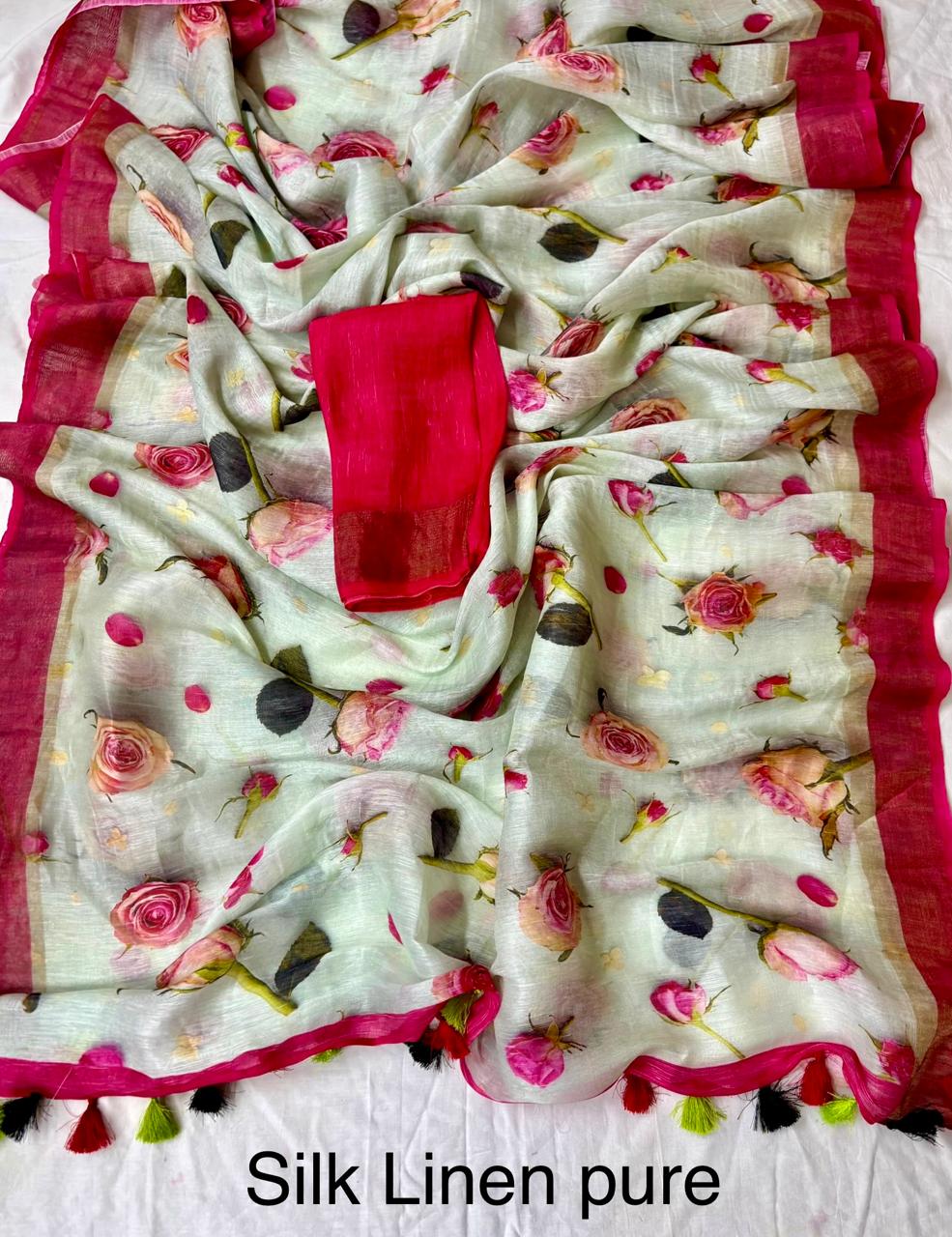Anvi Off White Floral Pure Linen Saree