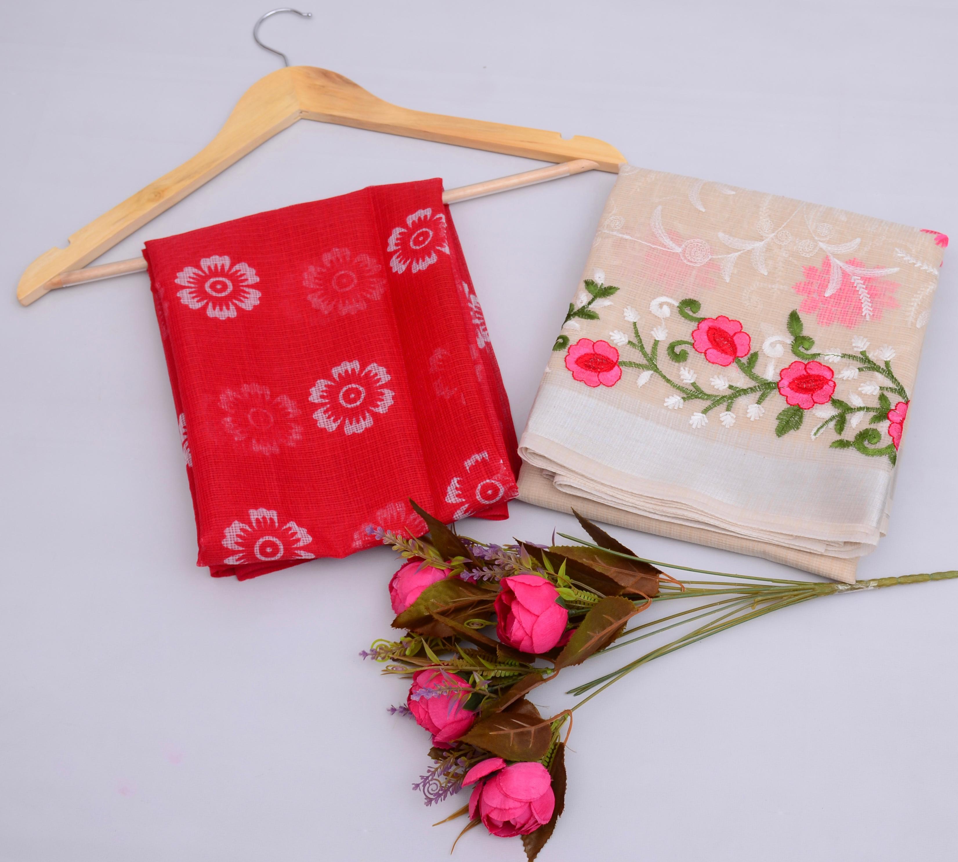 Hansila- Cream Kota Doria Embroidery Work Saree