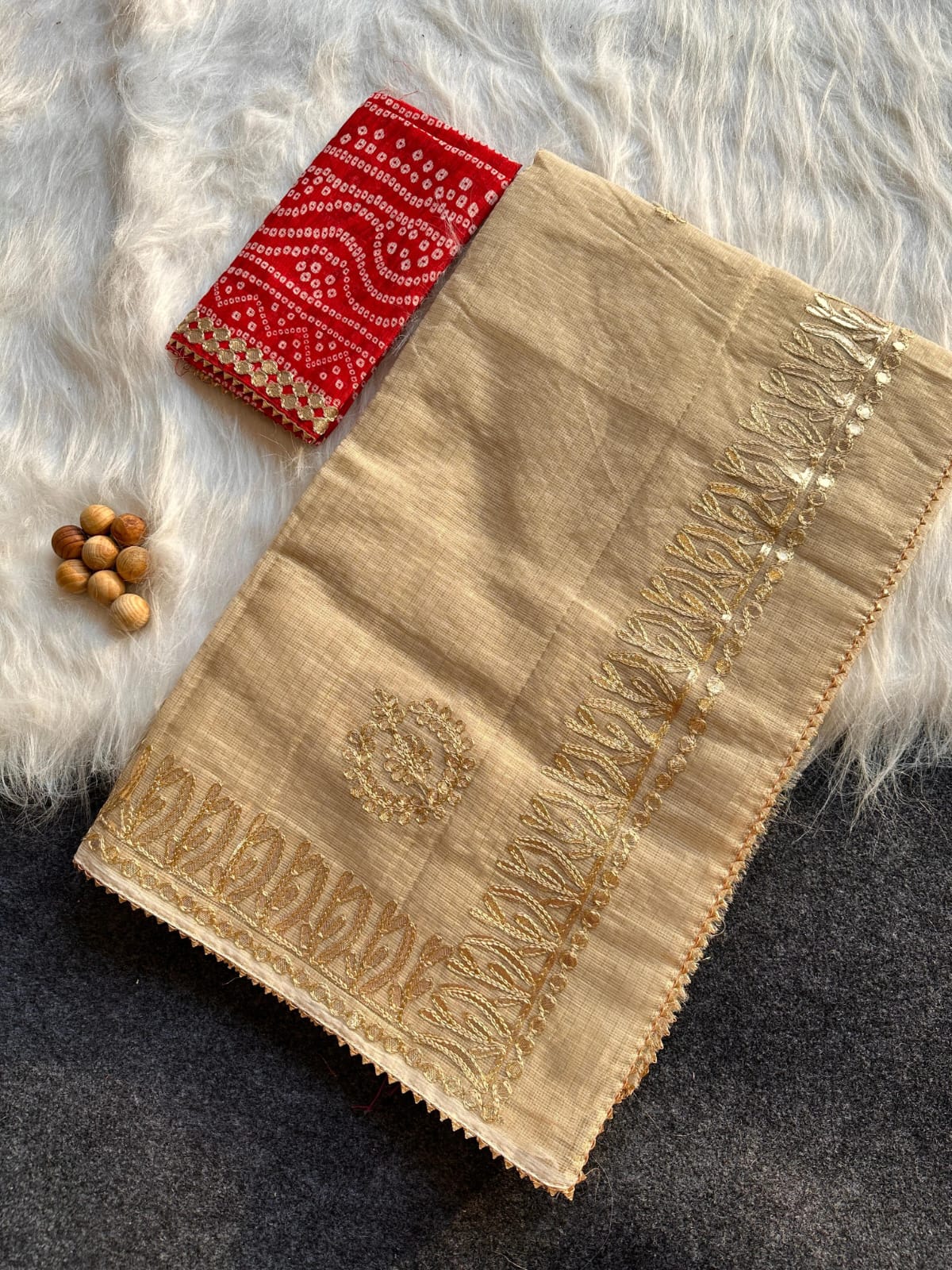 Bhuri- Beige Colour Kota Doria Gota Patti Saree