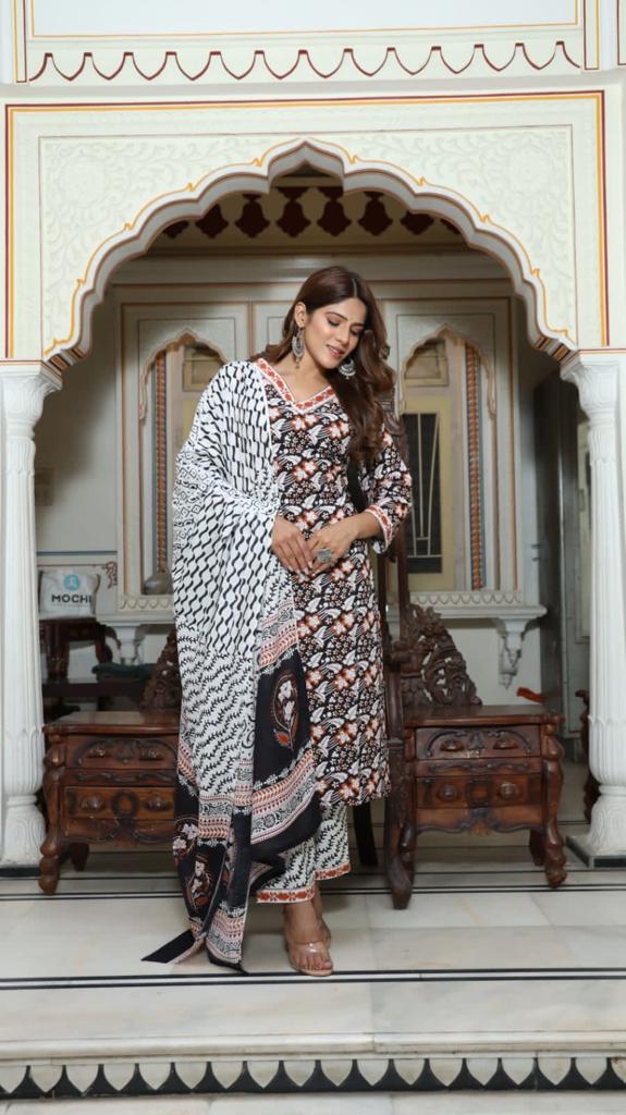 Black Block Print Suit Set With Dupatta