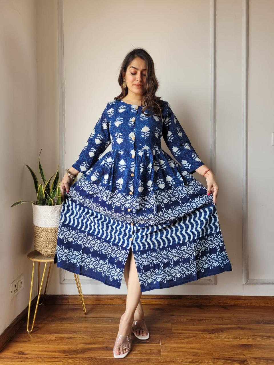 Blue Bagru Print Summer Cotton Dress