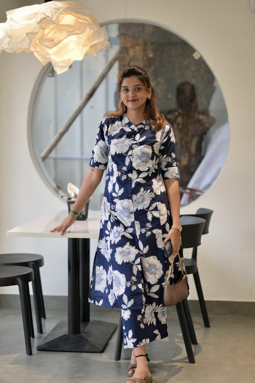 Ink Blue A Line Printed Kurti Pant Co-Ord Set