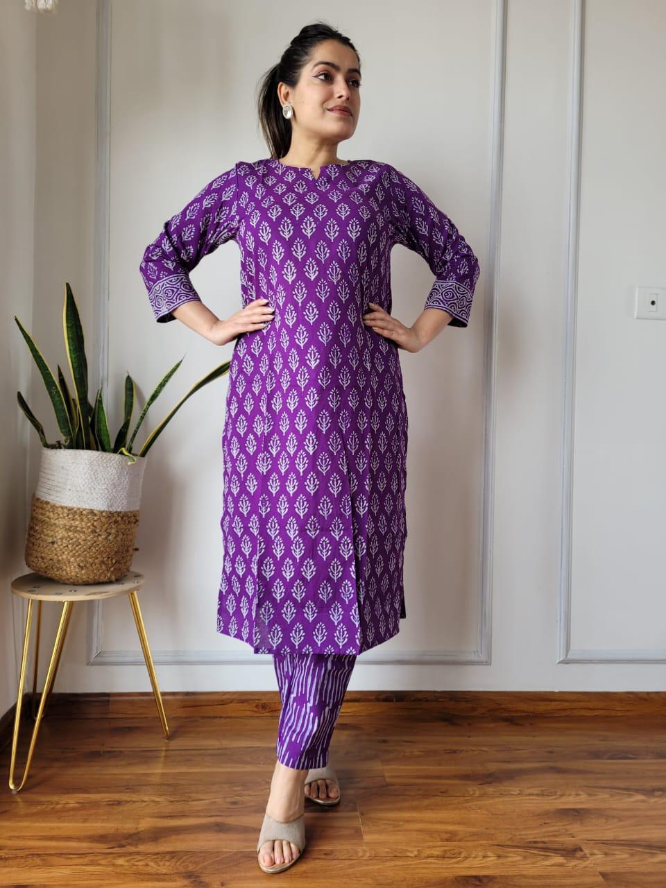 Purple Bagru Hand Block Printed Suit