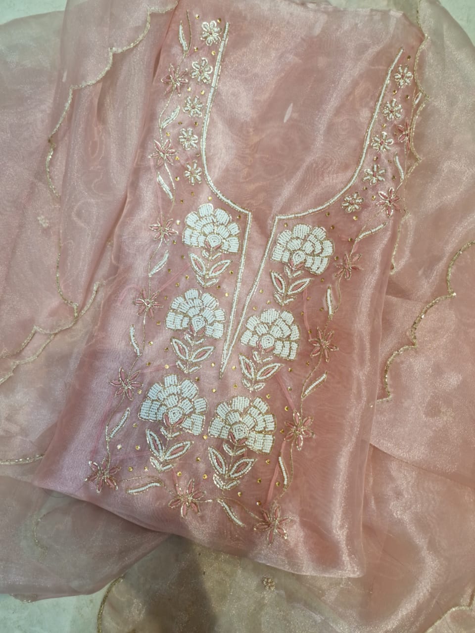 Peach Organza Suit With Pearl Flower Work Design's