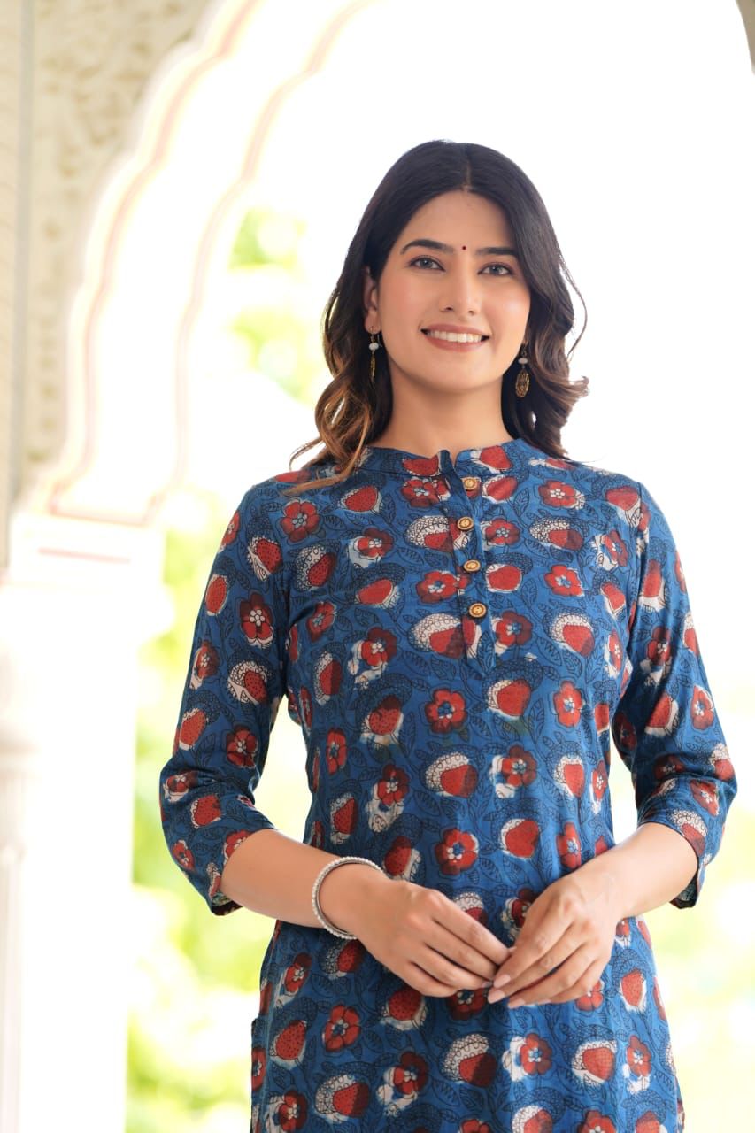 Blue Cotton Straight Kurta Plazzo Set