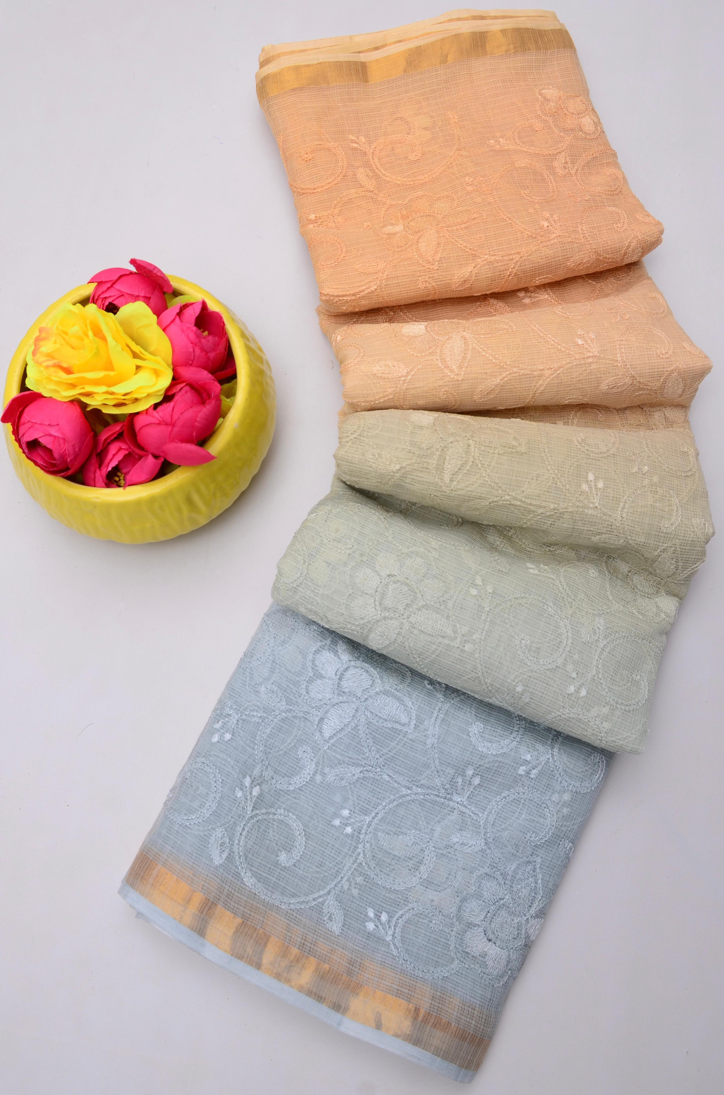 Jhanvi- Peach & Blue Kota Doria Embroidery Work Saree