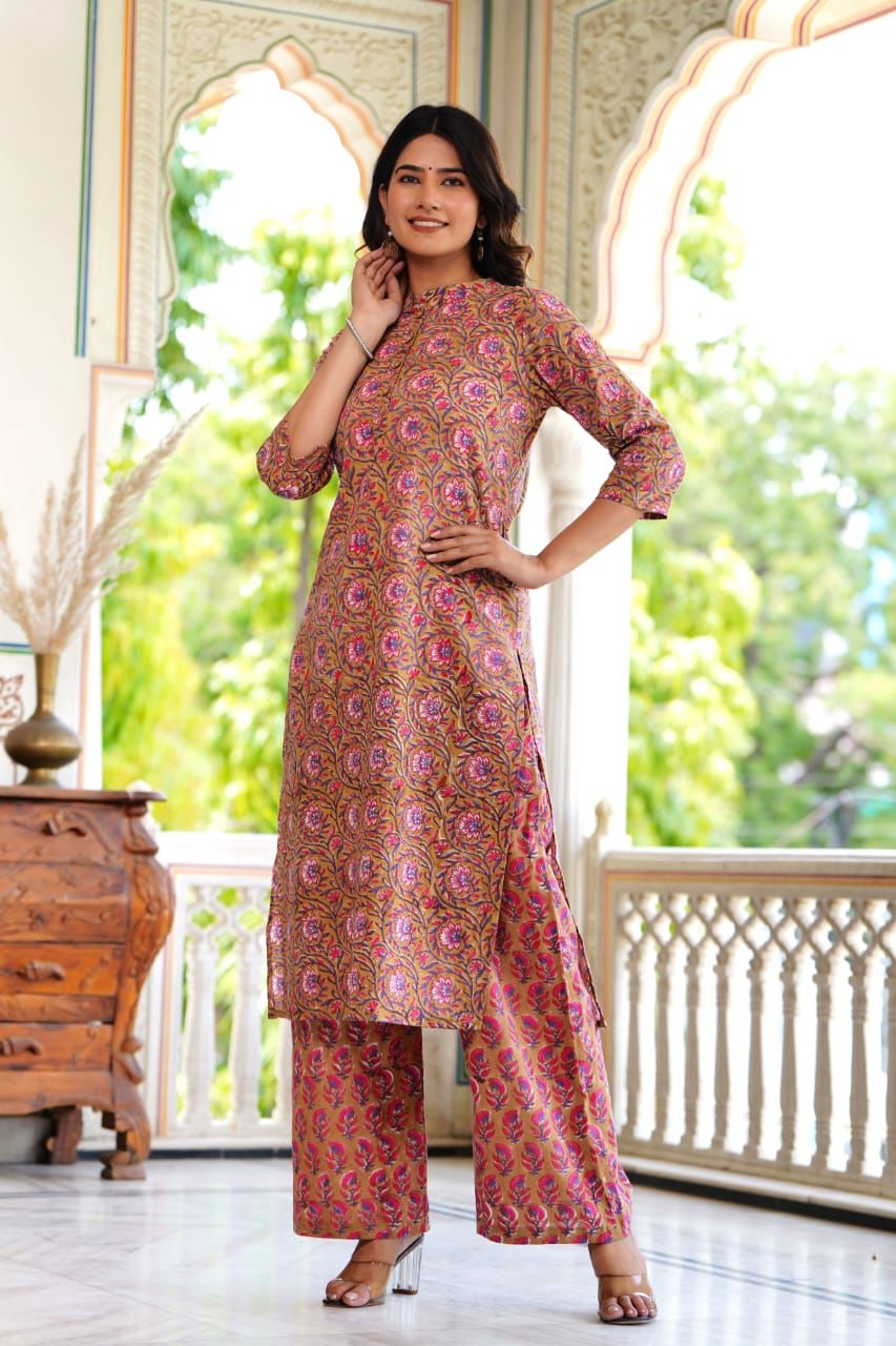 Peach Block Print Suit Set With Dupatta