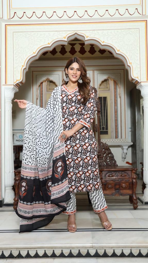 Black Block Print Suit Set With Dupatta