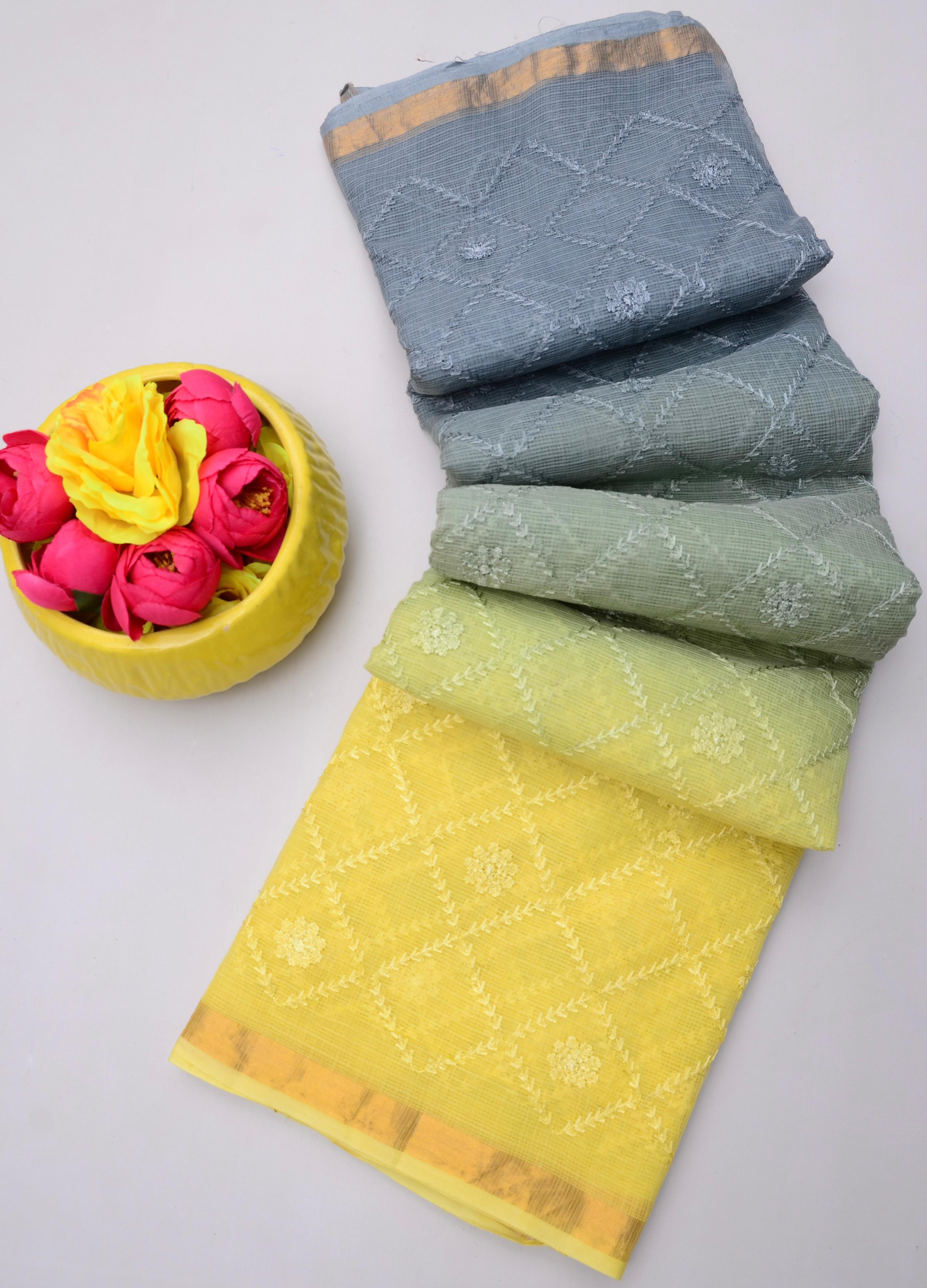 Padma- Grey & Yellow Kota Doria All Over Embroidery Work Saree