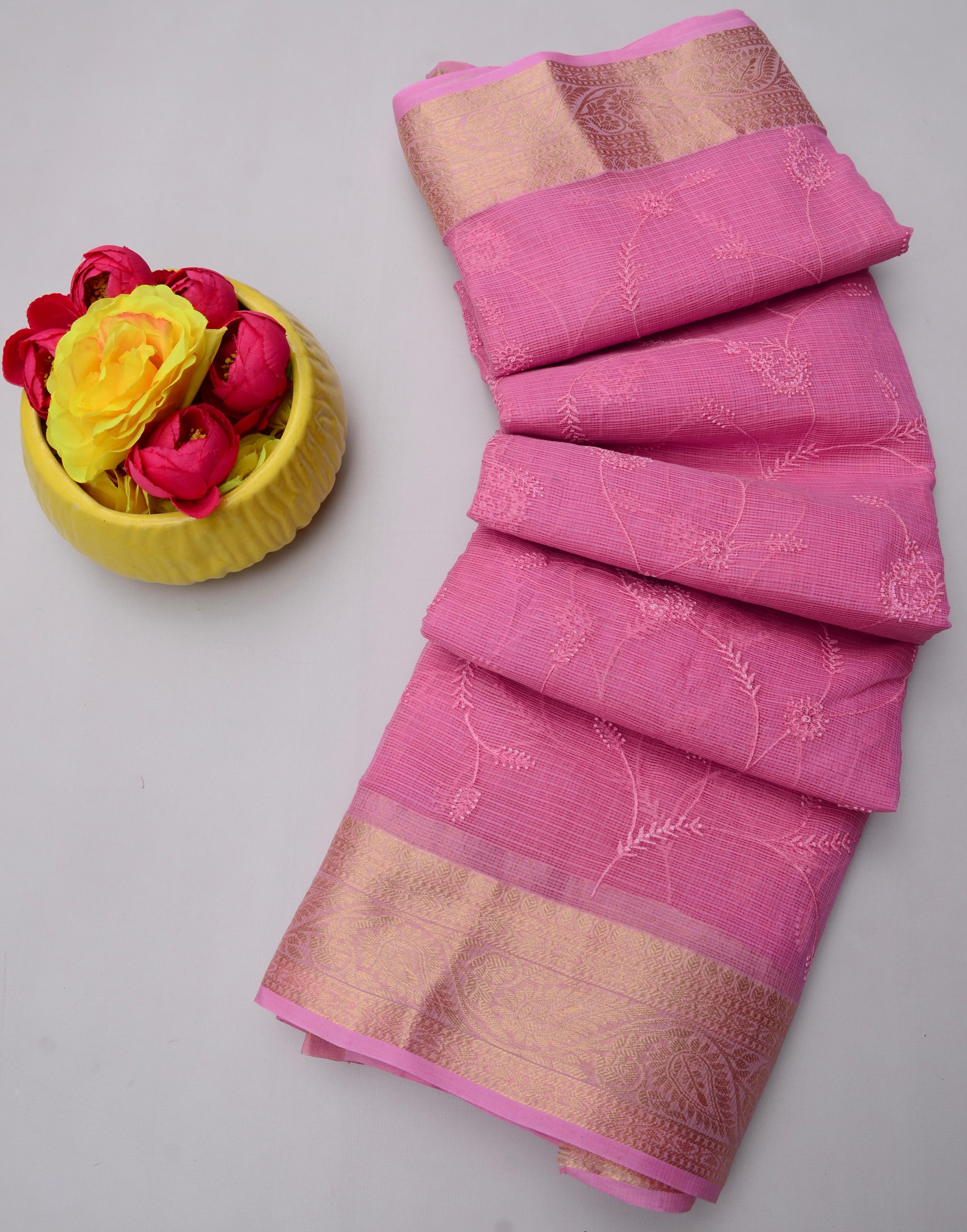 Chandrabai- Pink Kota Doria All Over Embroidery Work Saree