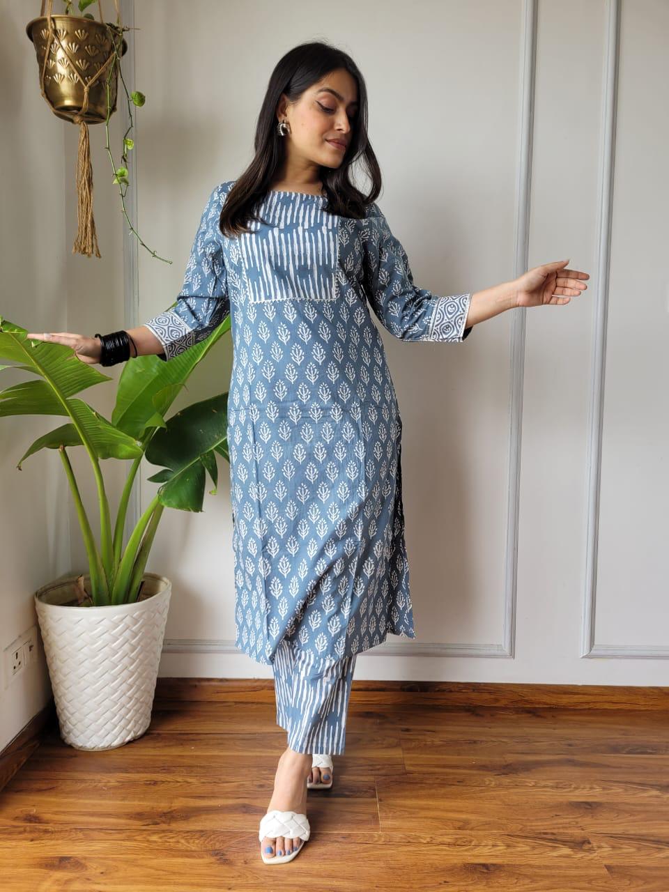 Grey Bagru Hand Block Printed Suit