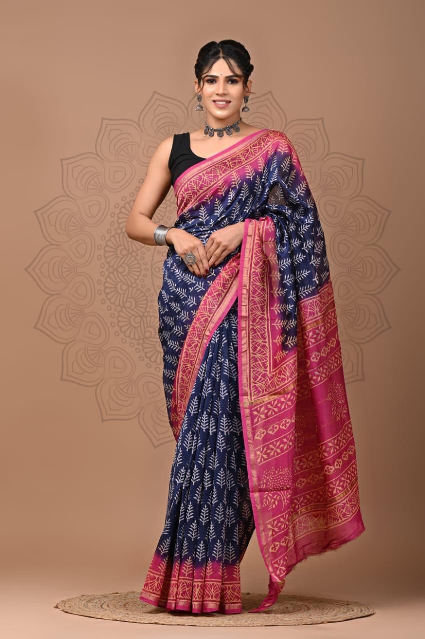 Blue Chanderi Hand Block Printed Saree