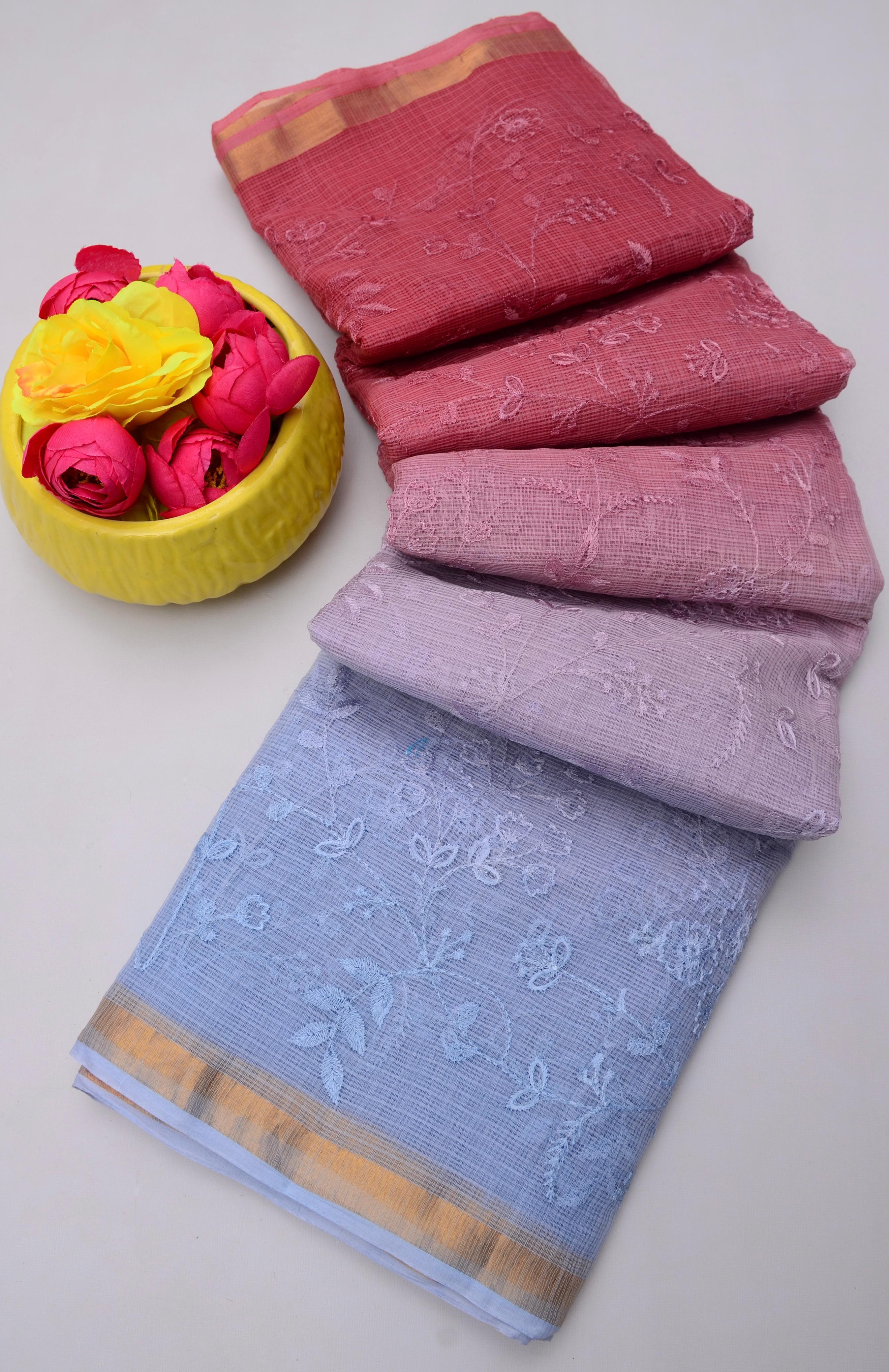 Sonpari- Red & Light Blue Kota Doria Embroidery Work Saree