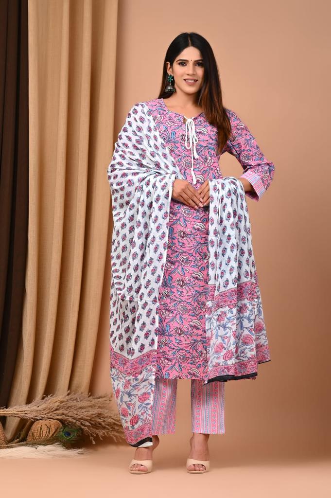Pink Block Print Suit Set And Dupatta
