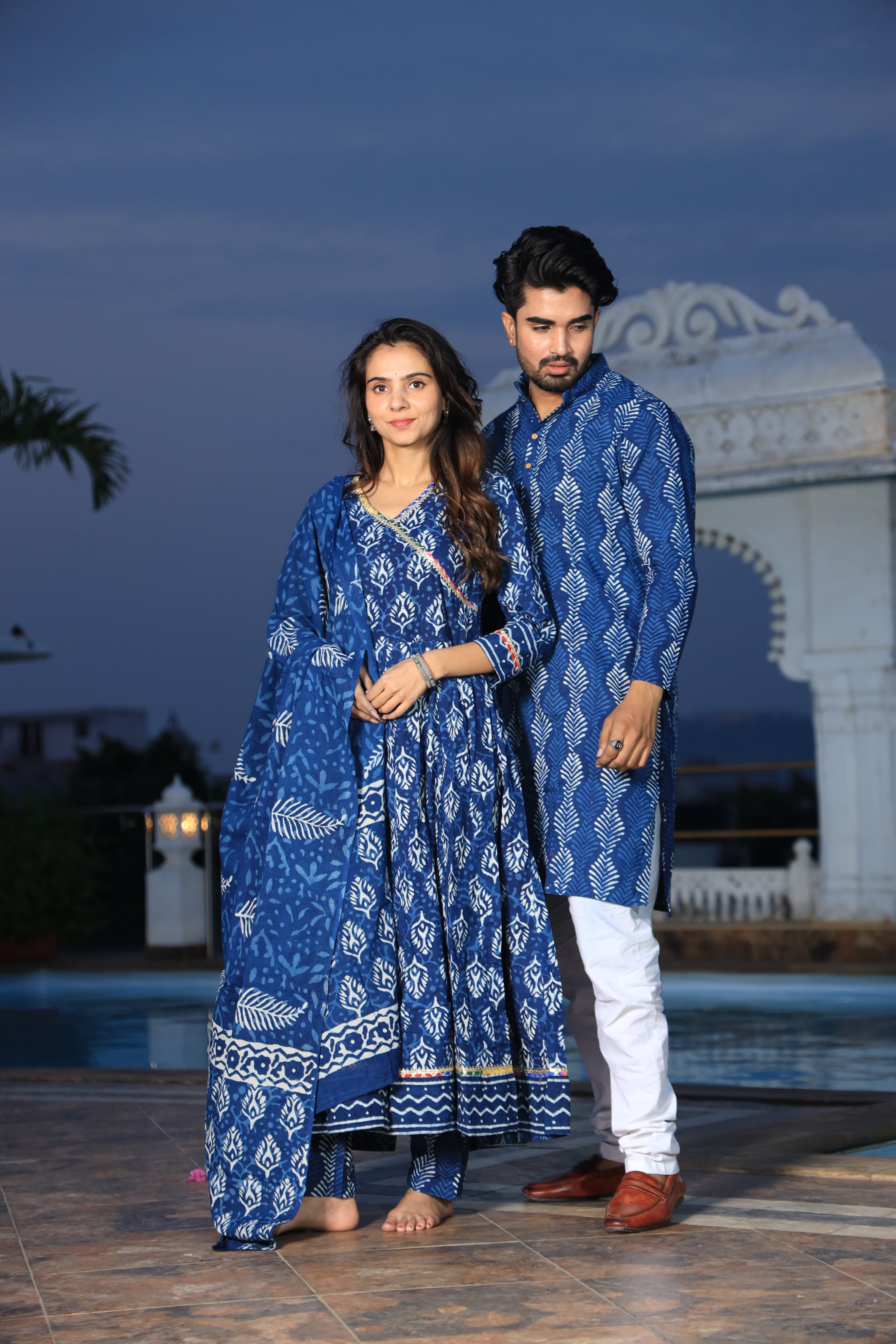 Blue Bagru Block Printed Pure Cotton Twinning Couple Set
