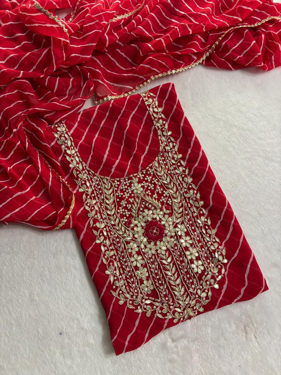 Beautiful Red Color Leheriya Gota Patti Work Suit