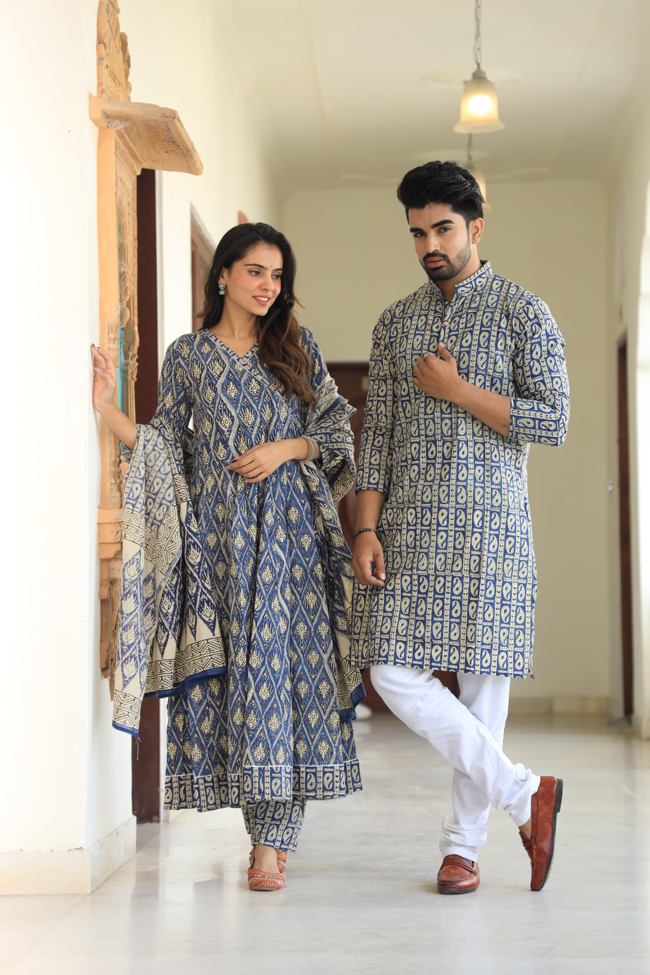 Blue Bagru Block Printed Pure Cotton Twinning Couple Set
