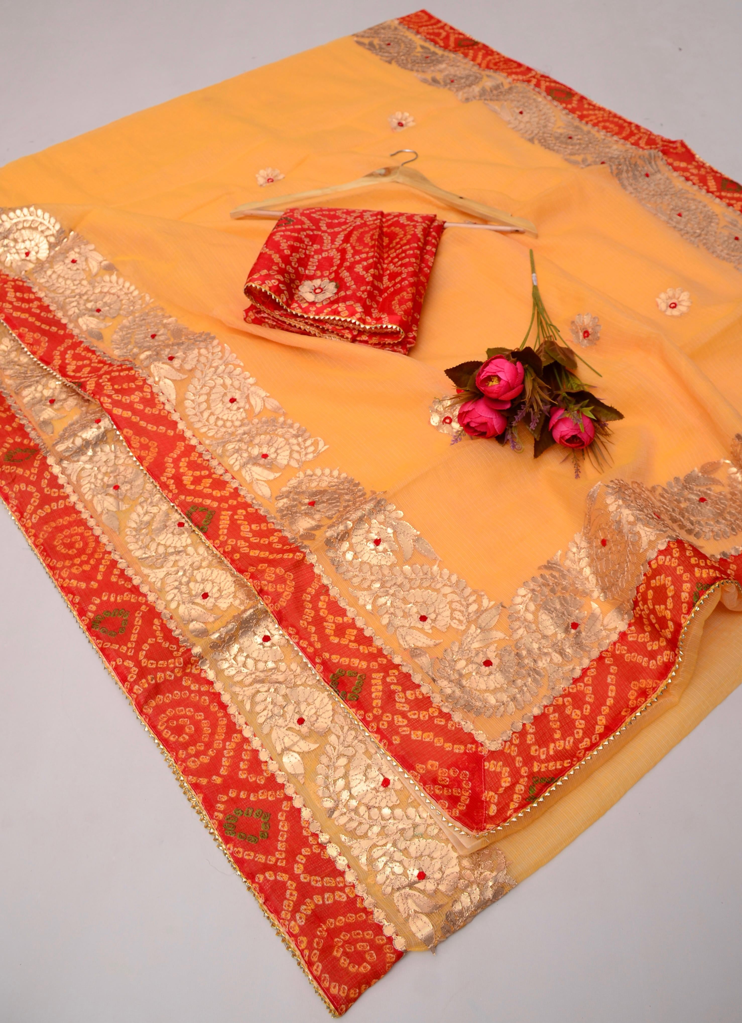 Bhawani- Peach Kota Doria Gota Patti Saree