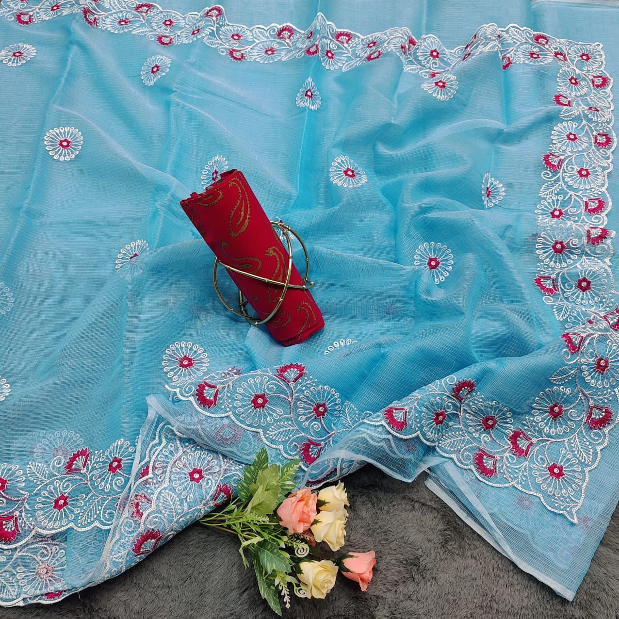 Kanak-Sky Blue Kota Doria Embroidery Work Sari