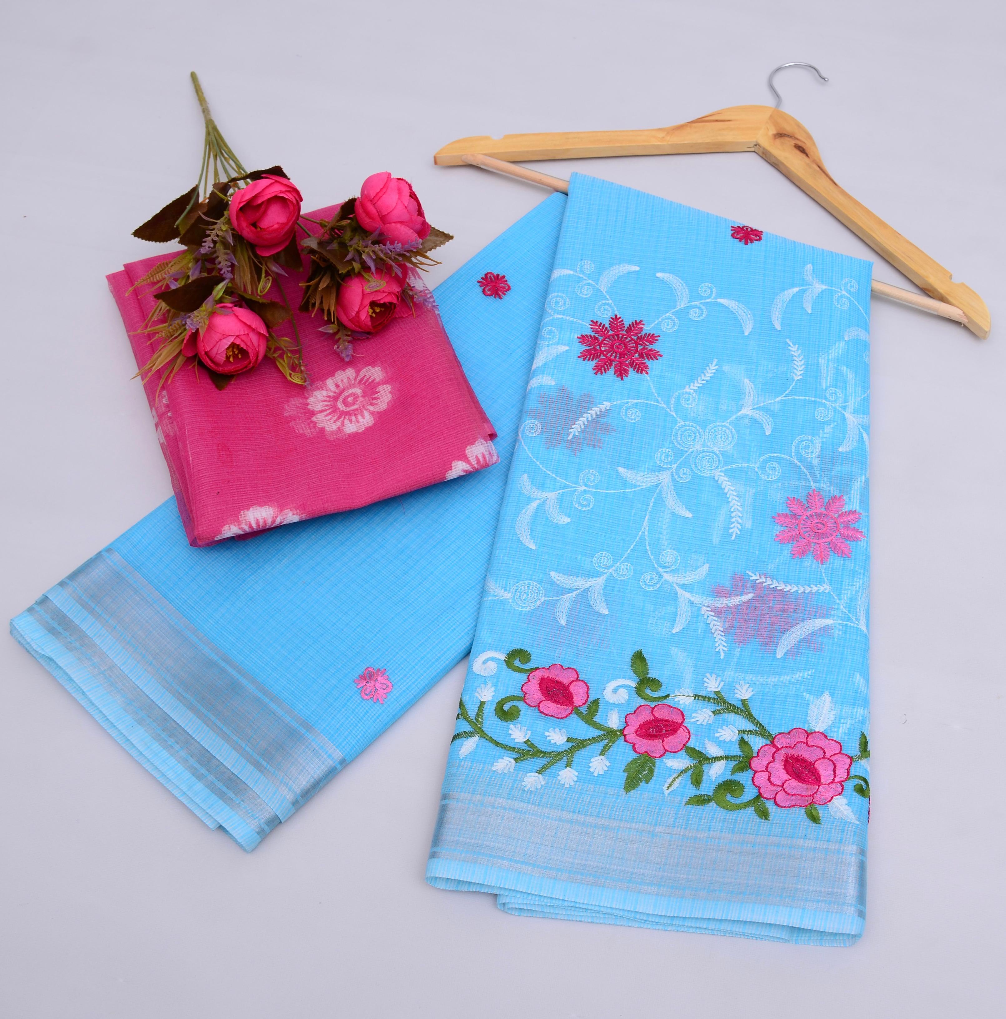 Kamalnidhi- Blue Kota Doria Embroidery Work Saree