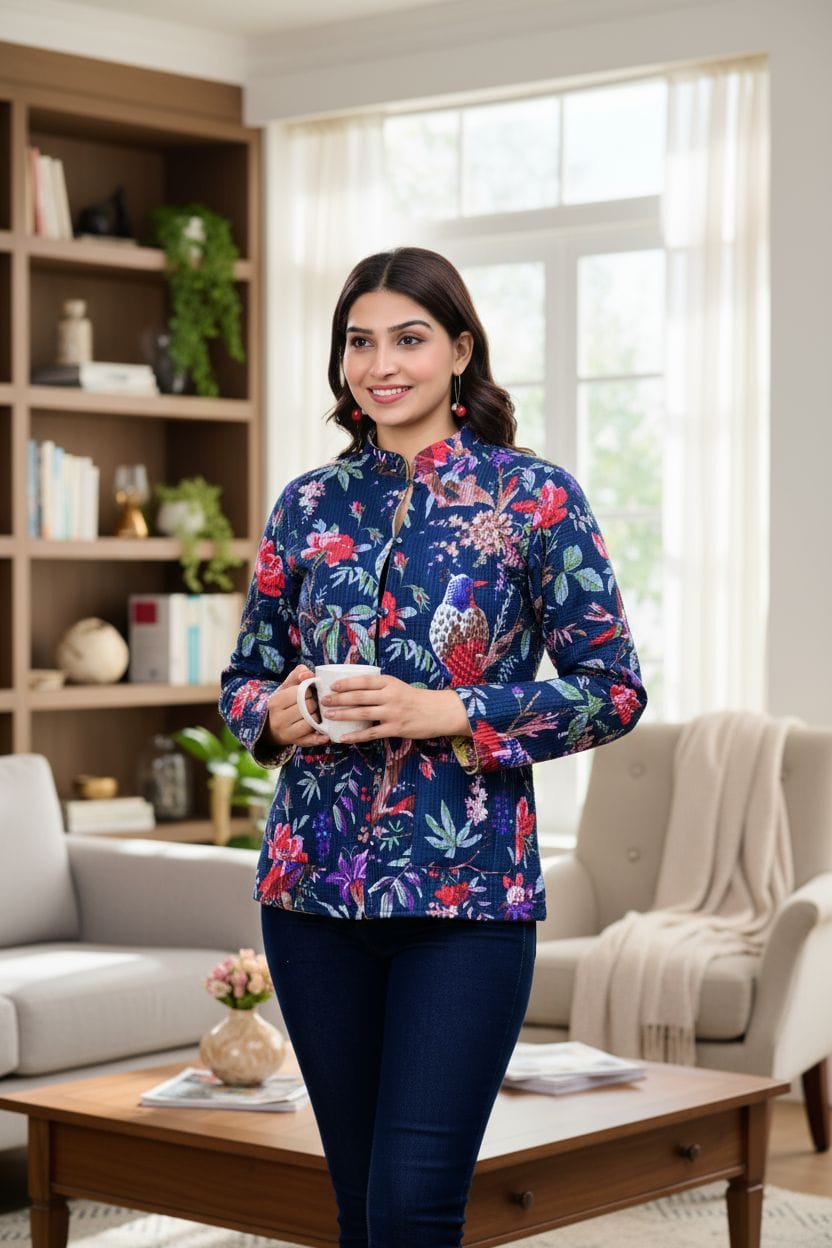 Beautiful Blue Pure Cotton Quilted Reversible Print Jackets