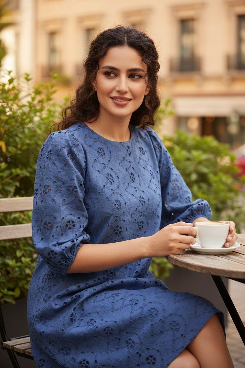 Blue Chikankari Cutwork Zara Dress