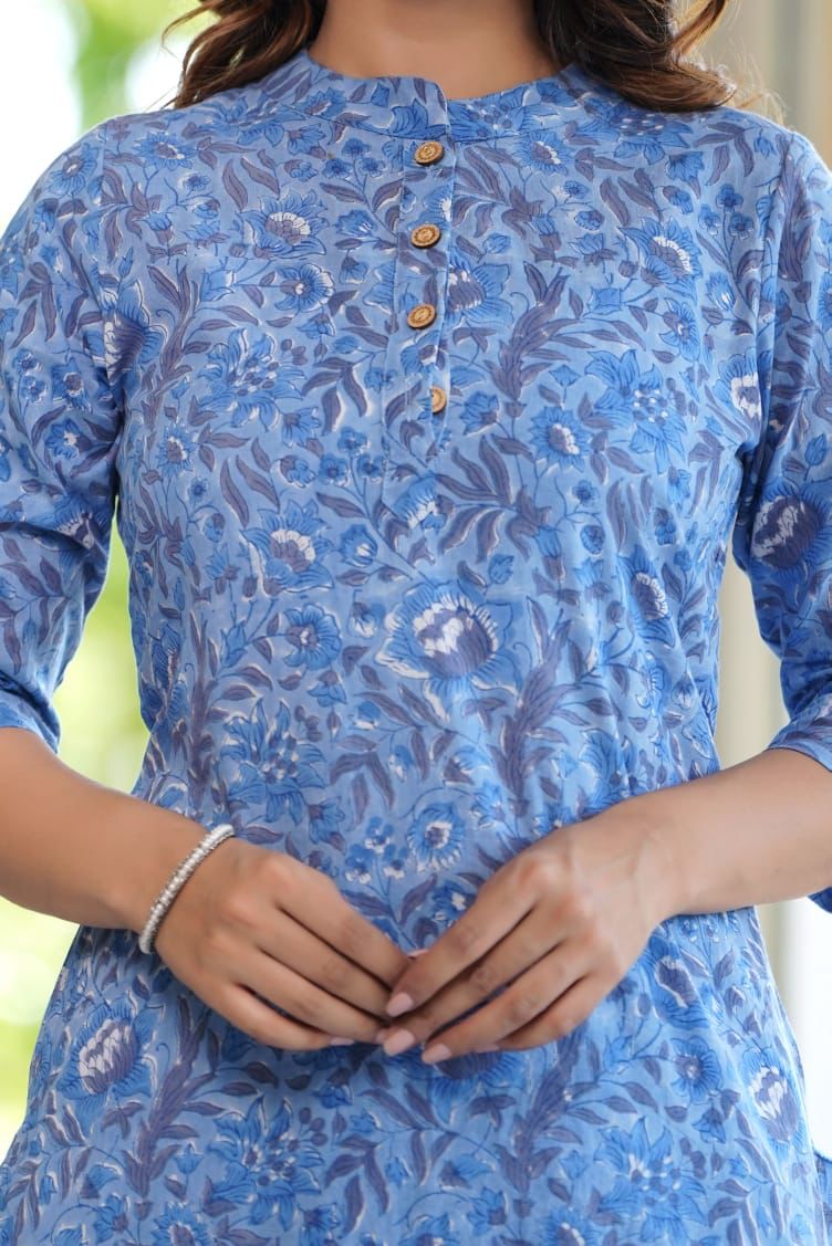 Cotton Straight Kurta Plazzo Set in Blue