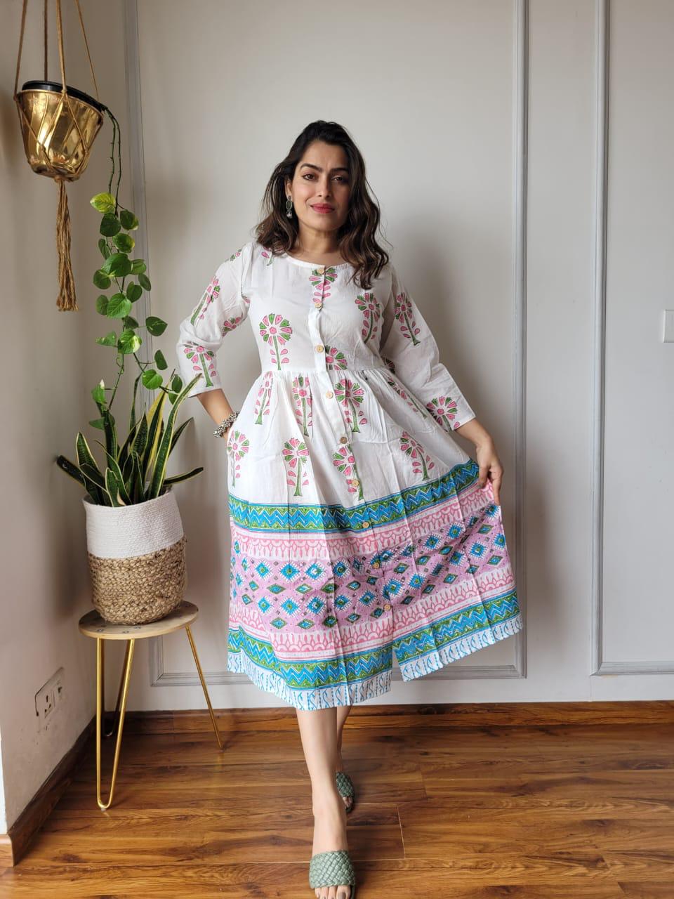 White Traditional Bagru Print Cotton Summer One Piece