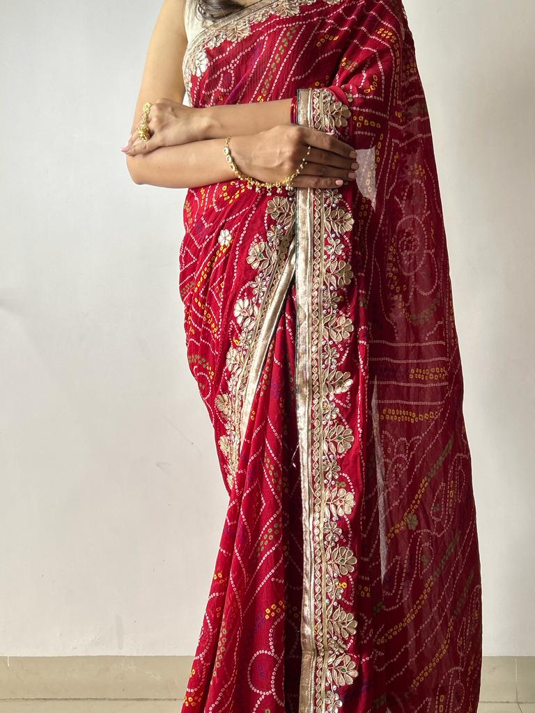 Traditional Mustard Embroidered Kachhi Bandhej Sateen Saree