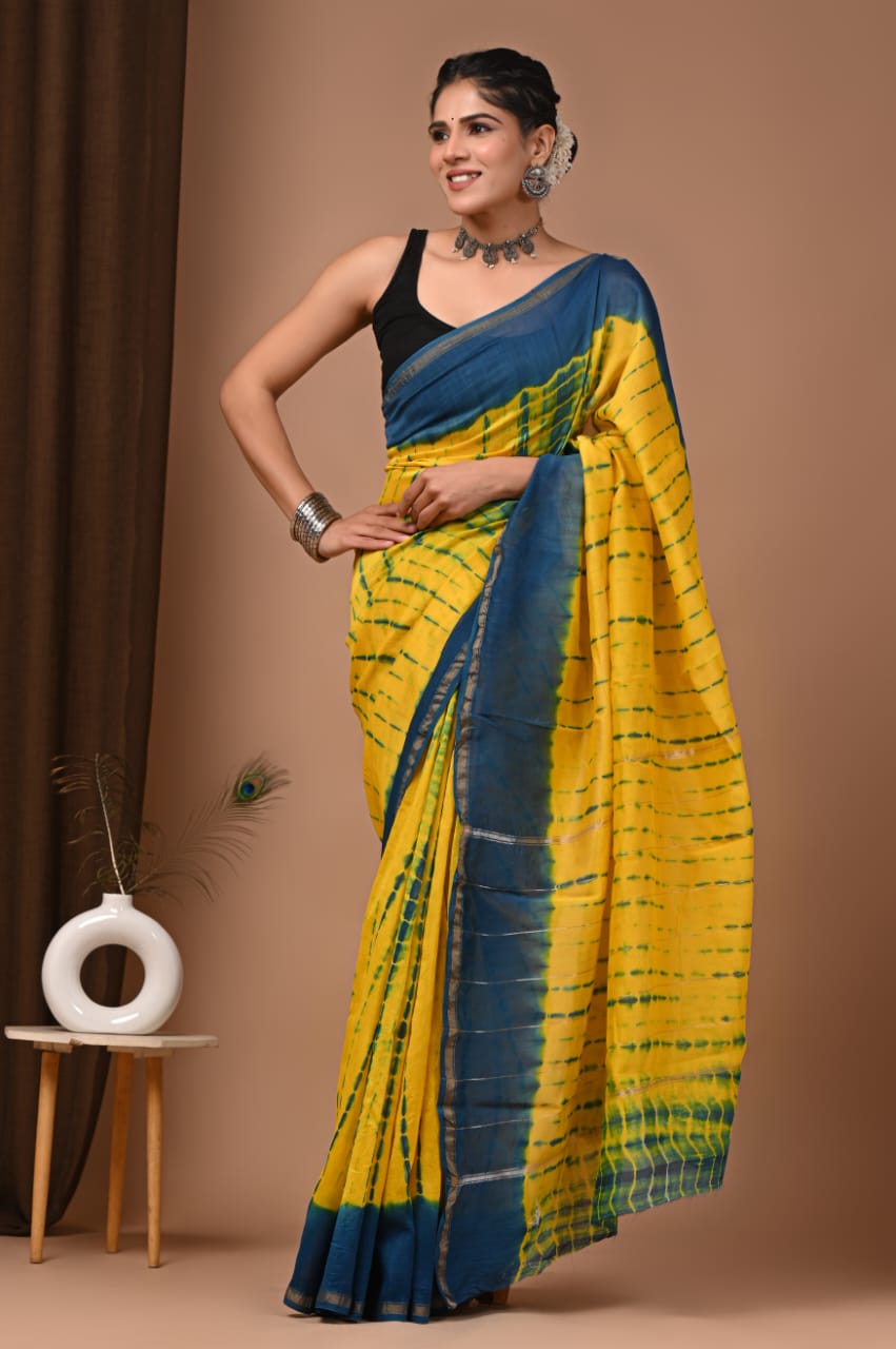 Yellow Chanderi Hand Printed Saree