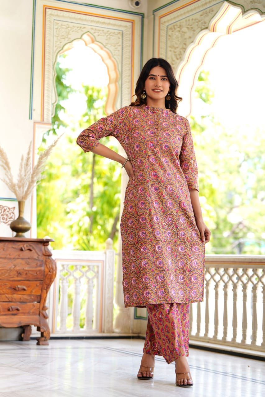 Peach Block Print Suit Set With Dupatta