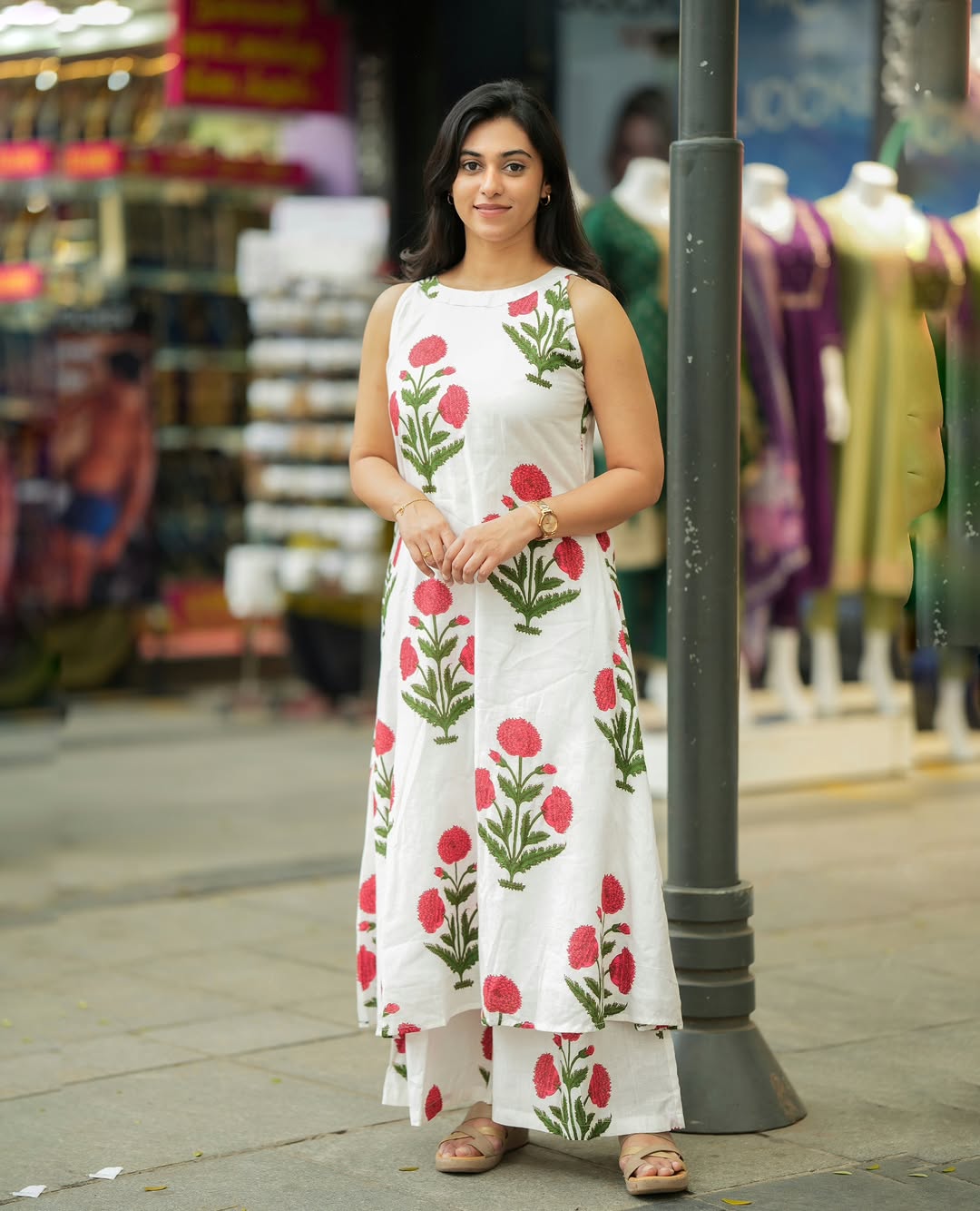 Summer white Flower Print Kurti Palazzo Set