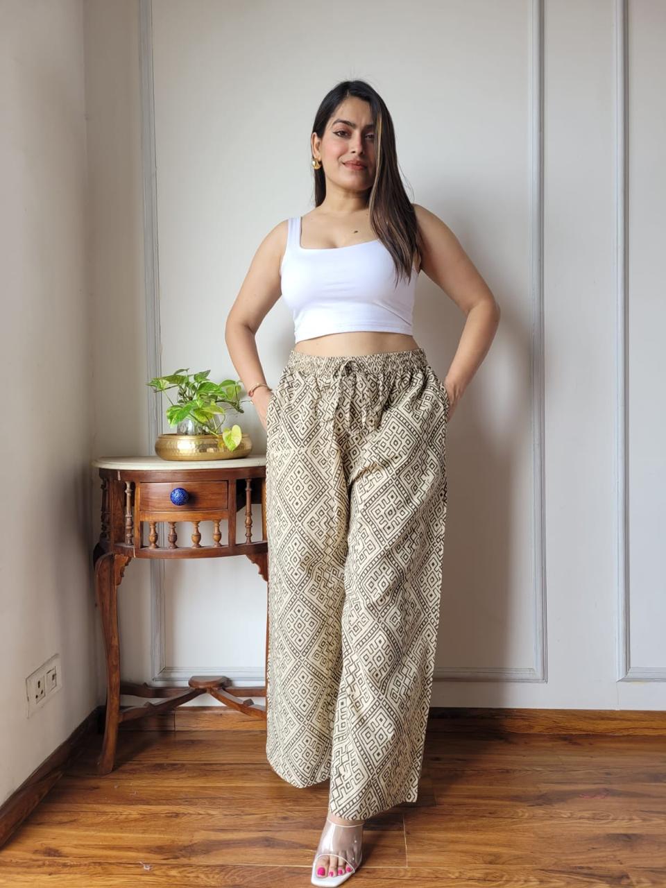 Cream Bagru Hand Block Printed Cotton Palazzo