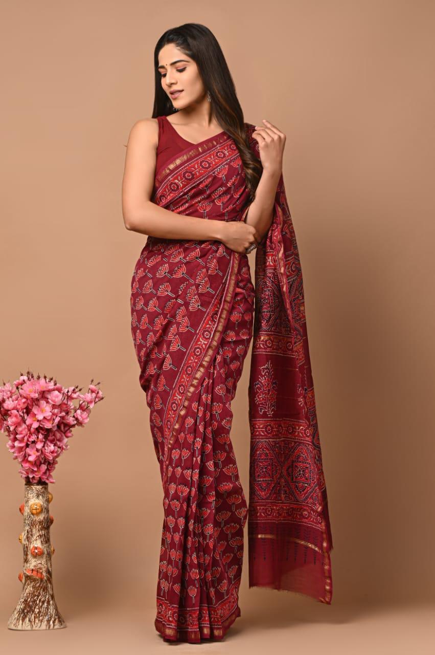 Red Chanderi Hand Block Printed Saree