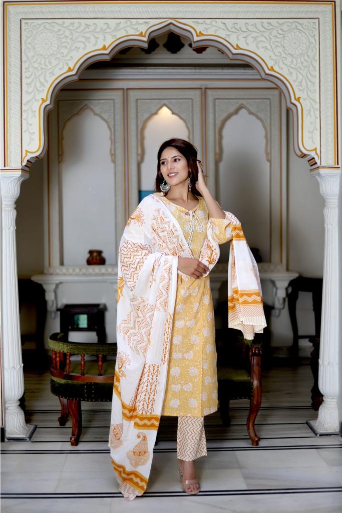 Yellow Block Print Suit Set With Dupatta