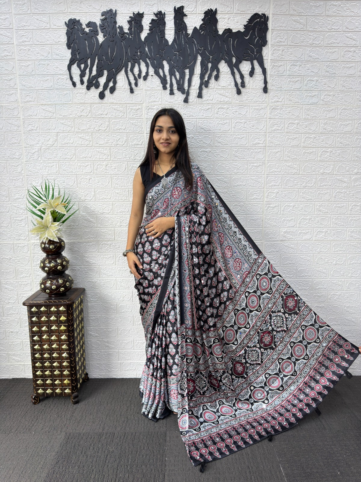 Black Ajrakh Print Mirror Work Satin Silk Saree