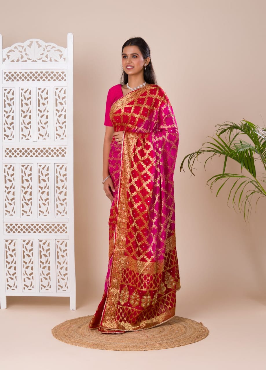 Pink Ghatchola Banarasee Silk Hand Mirror Work Saree